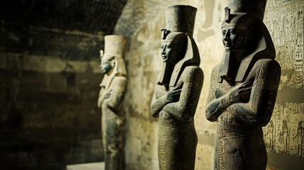 Ancient Egyptian Statues in Tomb with Hieroglyphs and Textures