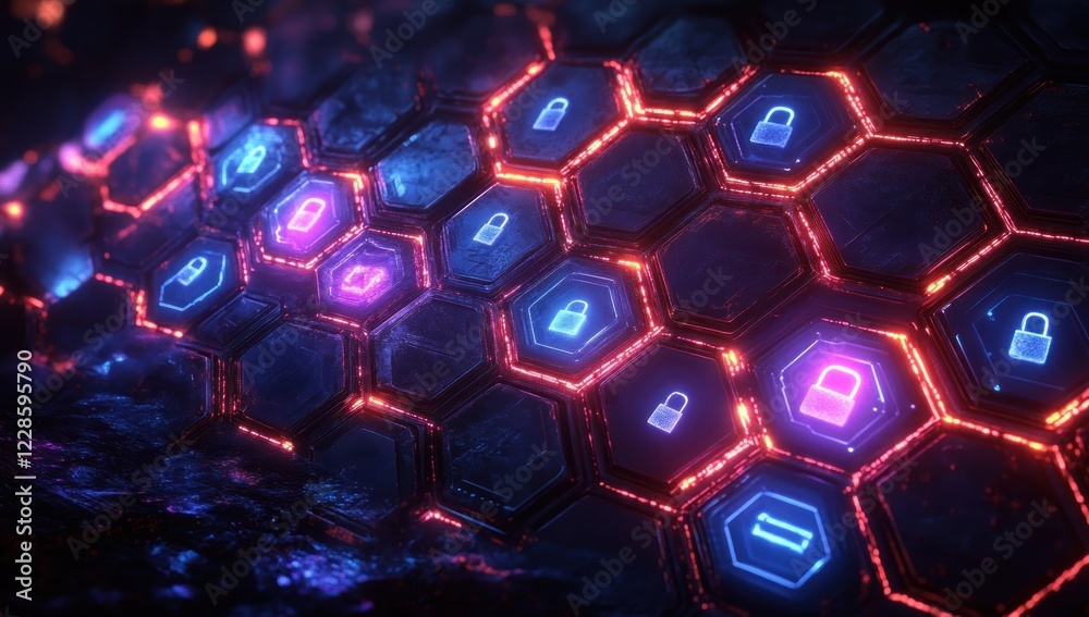 Poster cybersecurity in a neon world of hexagons and locks