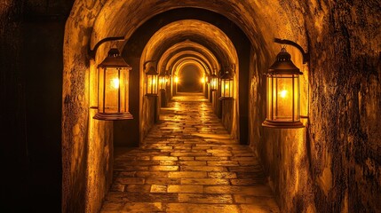 Fototapeta premium Illuminated Stone Tunnel with Lanterns and Warm Soft Lighting