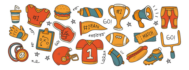 Set of American Football Doodle Hand Drawn Illustrations