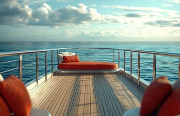 Obraz premium Yacht Stern with Metallic Railings and Red Cushion on Calm Sea