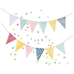 Colorful bunting flags with confetti, perfect for celebrations and festive occasions.