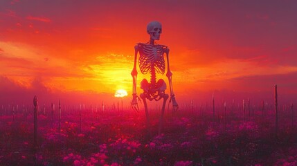 Naklejka premium Surreal Landscape with Skeletal Figure, Mystical Swords and Vibrant Sunset