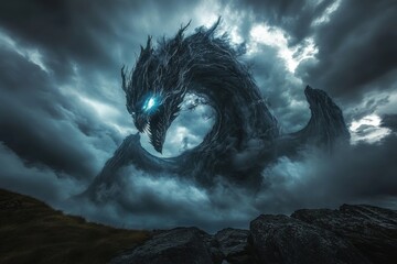 Storm clouds forming mythical creatures with dramatic backlighting composition and rule of thirds on time-lapse blend