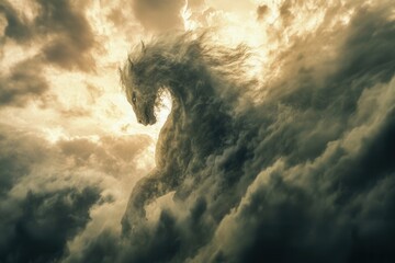 Storm clouds forming mythical creatures with dramatic backlighting composition and rule of thirds on time-lapse blend