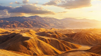 Naklejka premium Breathtaking Sunrise Over Serene Desert Landscape with Mountain View