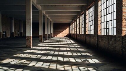 Obraz premium an empty warehouse with a cement patterned floor and brick walls and windows