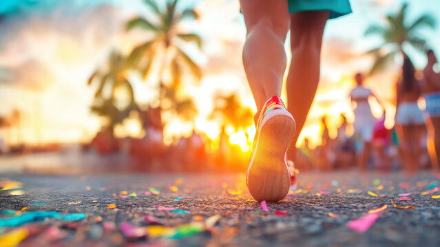 P&eacute;s de uma pessoa caminhando pelo asfalto coberto de confetes e serpentinas durante um animado carnaval de rua, simbolizando a energia e a festa