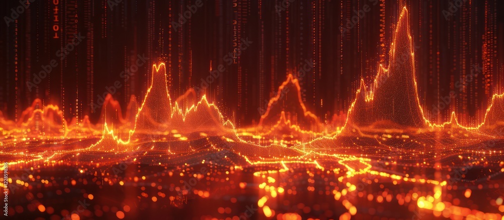 Poster fiery digital landscape with glowing lines and particles.