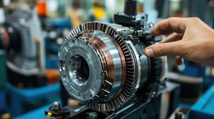 Obraz premium A close-up of a mechanical component being assembled in a manufacturing setting.