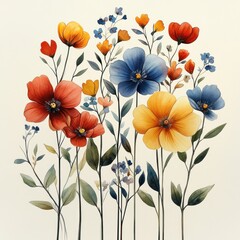 Watercolor Floral Autumn Wildflower Collection Illustration with Leaves and Pastels