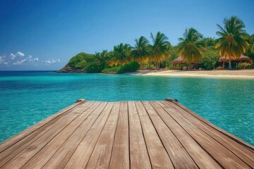 Fototapeta premium Wooden pier with clear blue water and palm trees, tropical beach background, tropical island scenery