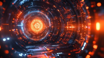 Obraz premium Futuristic digital tunnel illuminated with vibrant orange and blue lights, suggesting advanced technology
