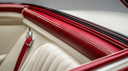 Red leather car interior detail, white seats, studio shot, potential for ads