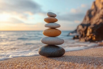 A stack of balanced stones on the beach at sunrise, representing the role of balance and meditation on mental health in a wellness or self-care concept.