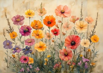 Fototapeta premium Watercolor Wildflower Bouquet Soft Pastel Floral Arrangement Tranquil Botanical Illustration