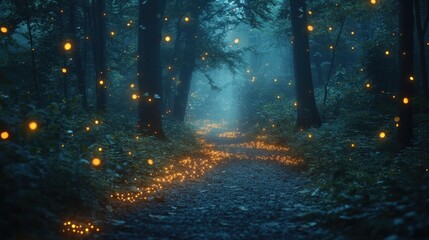 Magical Forest Path Illuminated by Fireflies in a Serene Nighttime Atmosphere