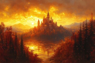 Naklejka premium Sunset Aerial View of Książ Castle in Autumn Landscape