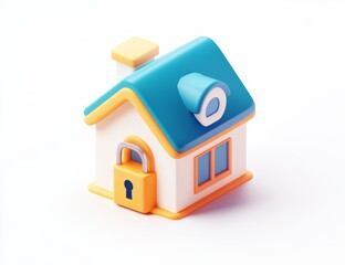 3D cartoon house with padlock, security concept.