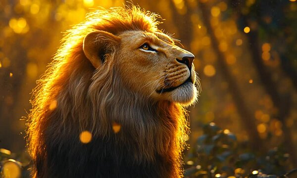 Majestic lion gazing upwards amidst a golden sunset in a serene forest setting