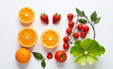 Fresh fruits and vegetables arranged on a clean white background, showcasing healthy food choices and vibrant colors.