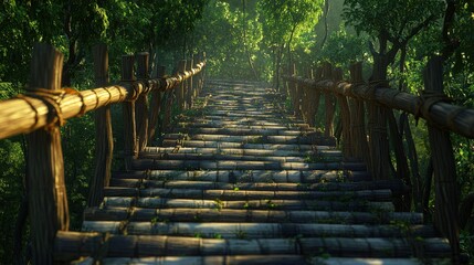 A serene wooden bridge winding through a lush green forest, sunlight filtering through leaves
