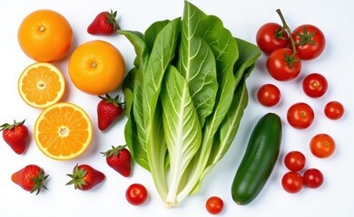 Fresh fruits and vegetables arranged on a clean white background, showcasing healthy food choices and vibrant colors.
