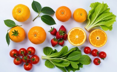 Naklejka premium Fresh fruits and vegetables arranged on a clean white background, showcasing healthy food choices and vibrant colors.