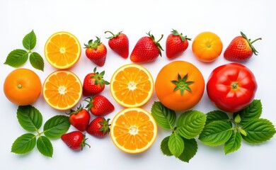 Fresh fruits and vegetables arranged on a clean white background, showcasing healthy food choices and vibrant colors.