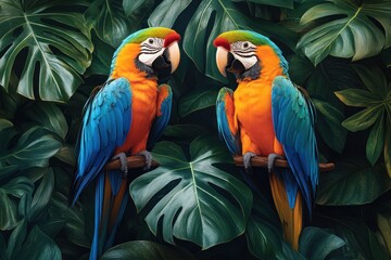 Macaws in Tropical Jungle with Palm Leaves and Exotic Flora Background
