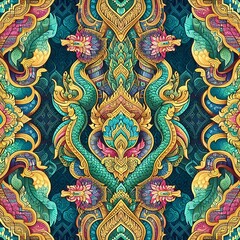Mythical Naga Serpent &ndash; Traditional Thai Art with Gold Details Thai Dragon Naga &ndash; Majestic Serpent in Vibrant Colors