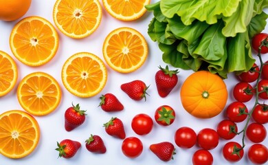 Fresh fruits and vegetables arranged on a clean white background, showcasing healthy food choices and vibrant colors.