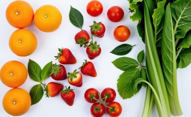 Naklejka premium Fresh fruits and vegetables arranged on a clean white background, showcasing healthy food choices and vibrant colors.