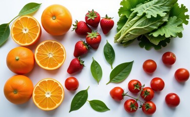 Naklejka premium Fresh fruits and vegetables arranged on a clean white background, showcasing healthy food choices and vibrant colors.