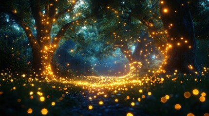 Fototapeta premium Magical Forest Path Illuminated by Glowing Fireflies During a Serene Twilight Evening
