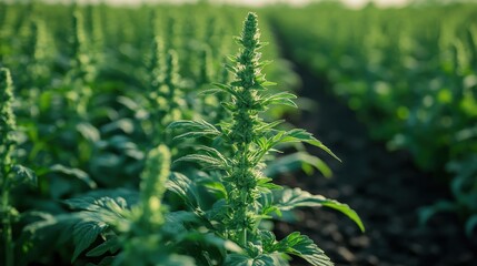Lush green field of flowering plants, likely for agricultural purposes.