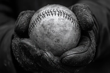 Baseball Hand Gripping Old Spalding Softball Texture in Dramatic Lighting for Athletic Game Print