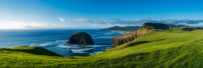 A panoramic view of stunning landscapes, featuring green hills and vast ocean in the background.