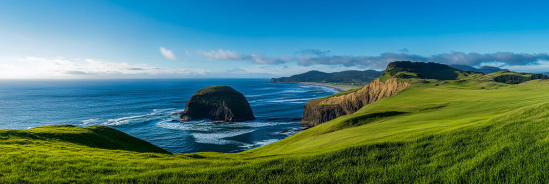 A panoramic view of stunning landscapes, featuring green hills and vast ocean in the background. - Powered by Adobe
