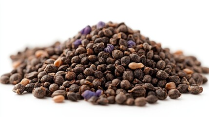 A pile of various seeds on a white background for agricultural use.