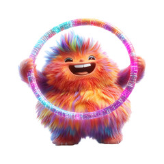 Fluffy 3D Cartoon Monster Spinning a Glowing Hula Isolated on Transparent Background