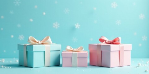 Obraz premium Pastel Presents on a Winter Wonderland Background A Festive Display of Beautifully Wrapped Gifts Ready for Giving
