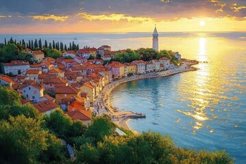 Obraz premium Aerial View of Rovinj Coastal Town at Sunset in Croatia