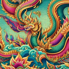 Fototapeta premium Thai Naga Dragon Art – Vibrant Mythological Serpent Colorful Thai Serpent – Mystical Naga in Traditional Art 