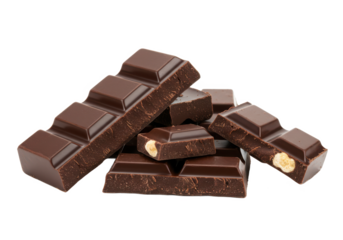 Dark chocolate blocks and bieces isolated on white background, front view, no depth of field, sharp