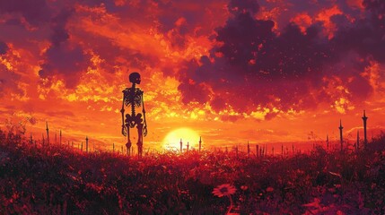 Fototapeta premium Skeleton Rising from Ground in Mystical Sword Field Against Vibrant Sunset Background