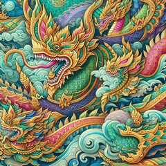 Obraz premium Thai Naga Dragon Art – Vibrant Mythological Serpent Colorful Thai Serpent – Mystical Naga in Traditional Art 