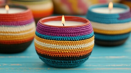 Colorful Handcrafted Candles in Decorative Containers on Vibrant Wooden Surface
