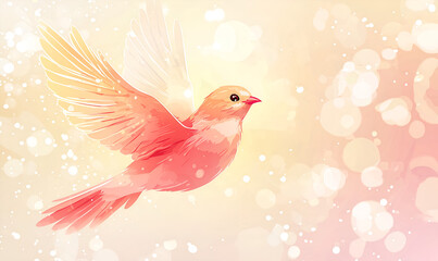 Obraz premium A soft, pastel-colored illustration of a flying bird, showcasing delicate wings and a serene background of light bokeh effects.
