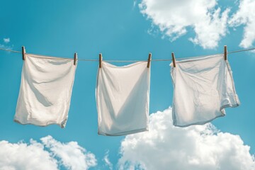 Wind-blown laundry on clothesline with dynamic movement composition and bright daylight on white space above